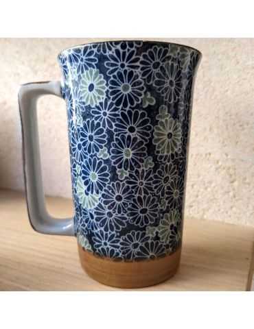 Mug en grès - Fleurs bleues et vertes 40cl