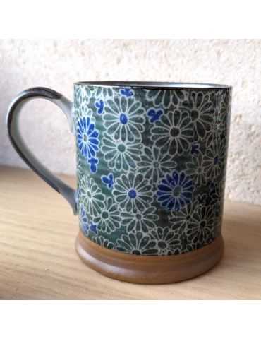 Mug en grès - Fleurs Vertes et Bleues 30cl